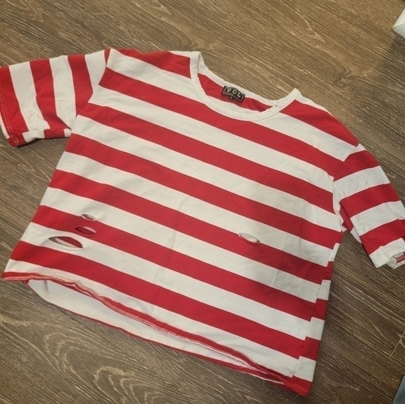 POL Red and White Striped distressed long crop tee Size‎ Large - Picture 3 of 8